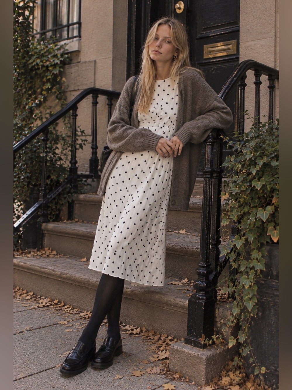 Vintage 1980s White Navy Polka Dot Midi Dress Sheer Puff Sleeve Elastic Waist
